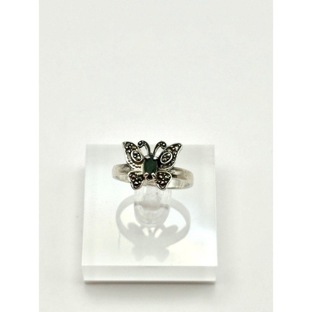 Emerald &‎ Marcasite Butterfly Sterling Silver Handmade Ring Size 8.75